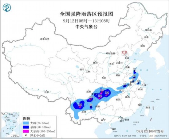 全国强降雨落区预报图(9月12日08时-13日08时)。图片来源：中央气象台网站