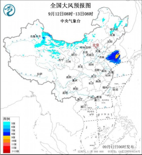 全国大风预报图(9月12日08时-13日08时)。图片来源：中央气象台网站