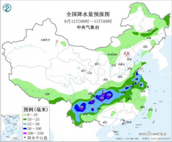 全国降水量预报图(9月12日08时-13日08时)图片来源：中央气象台网站
