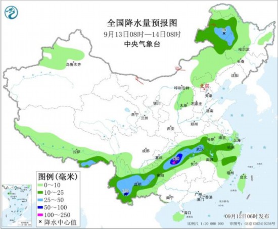 全国降水量预报图(9月13日08时-14日08时)。图片来源：中央气象台网站