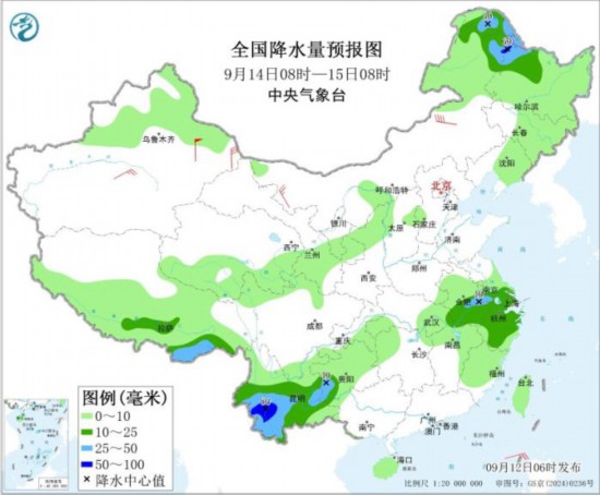 全国降水量预报图(9月14日08时-15日08时)图片来源：中央气象台网站