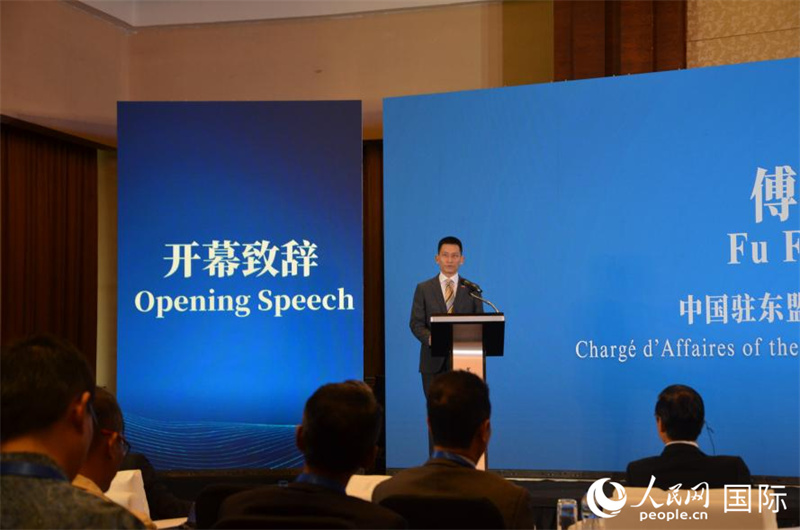 中国驻东盟使团临时代办傅峰山发表致辞。人民网记者 李培松摄